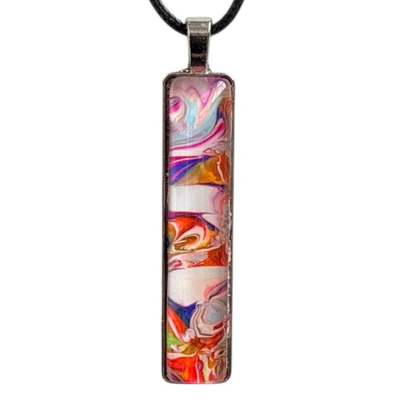 Hand Crafted Jewelry - Handmade Abstract Fluid Art Bar Necklace Pink Orange White by Svetlana Yeung